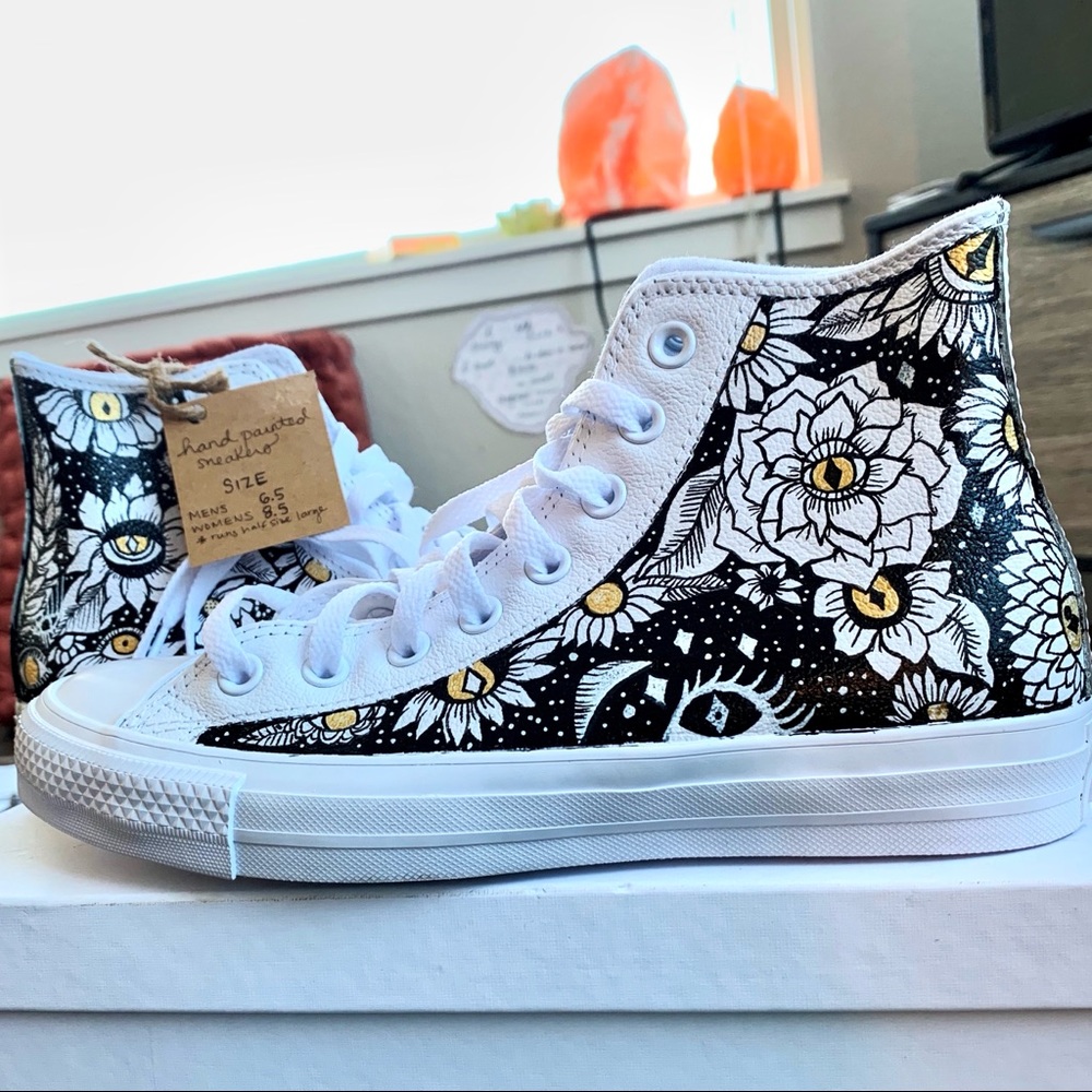 Hand painted leather hi top converse